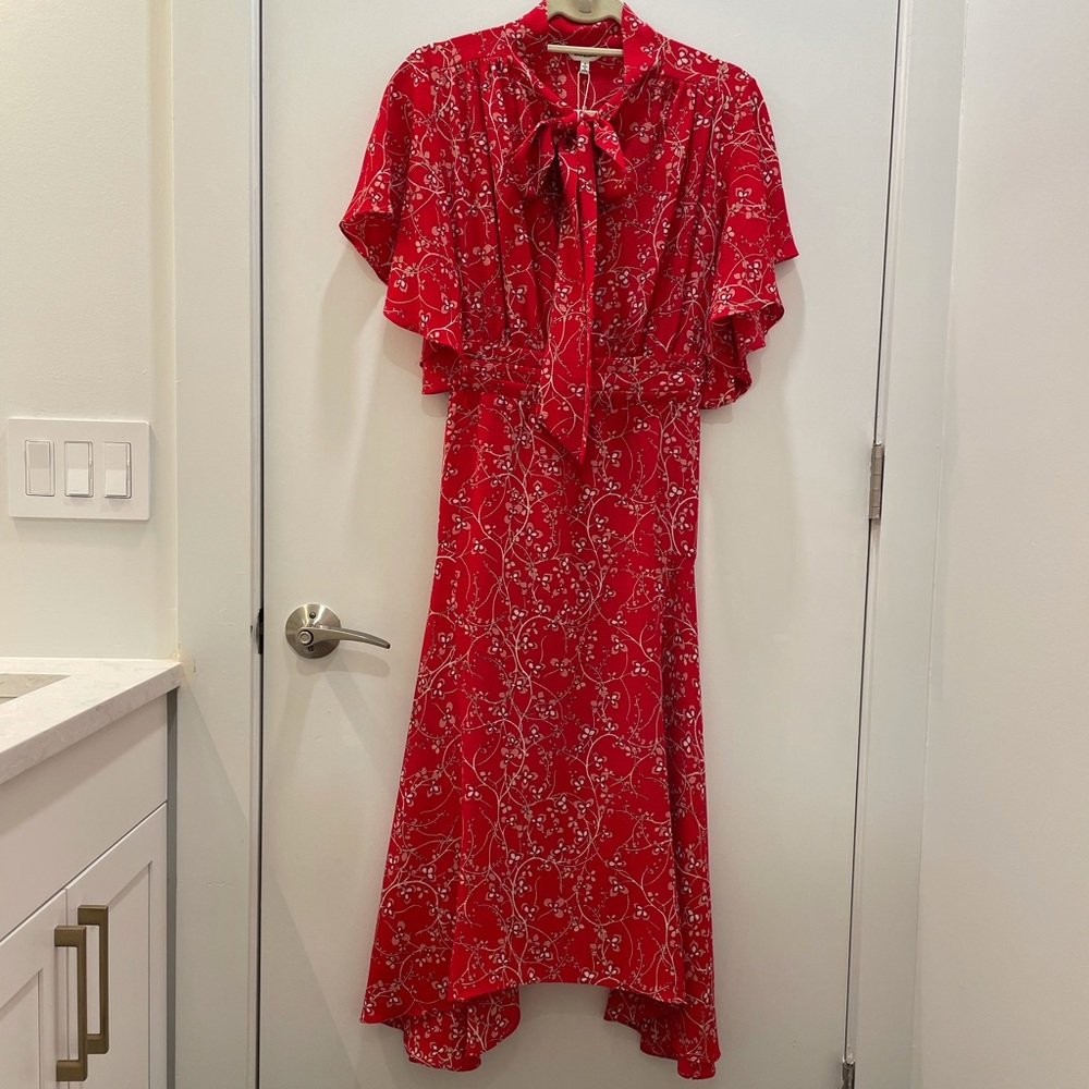 Max Studio Red Floral Dress with Tie Neck